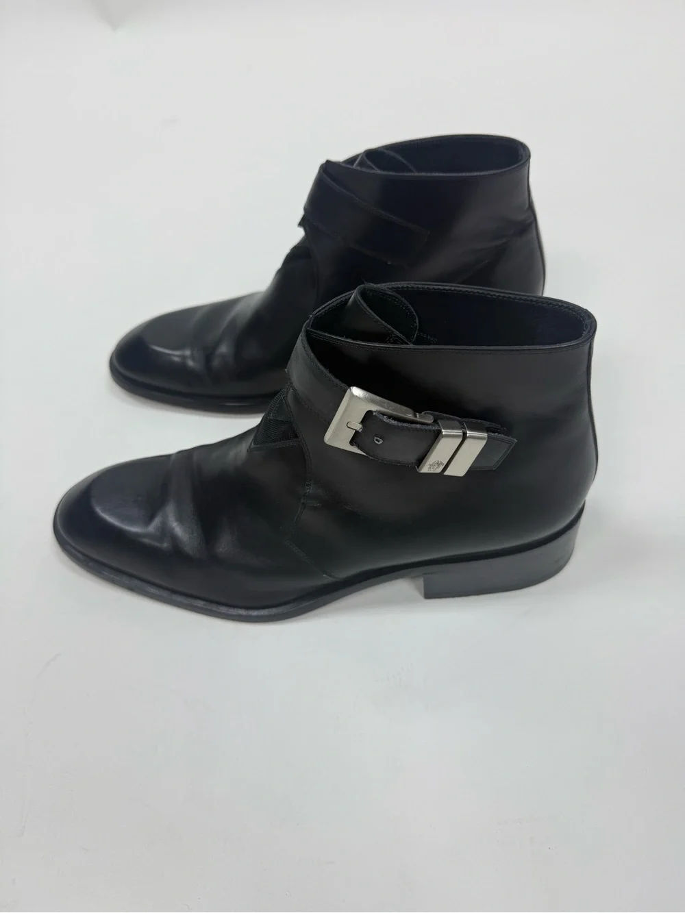 Versace Black Leather Chukka Boots with Silver Buckle